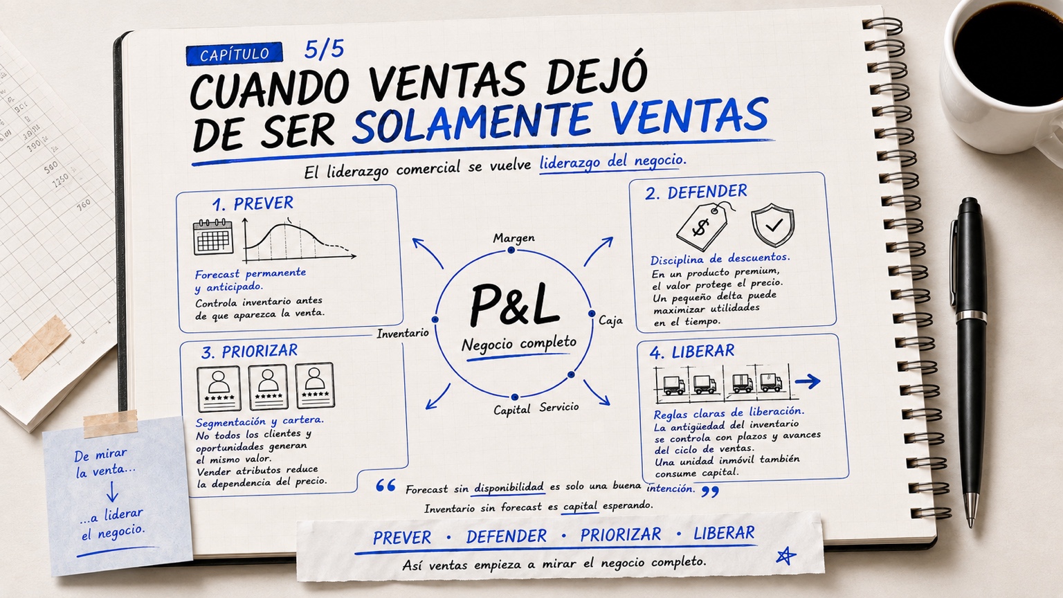 Cuaderno con cuatro decisiones comerciales: prever, defender, priorizar y liberar alrededor del P&L